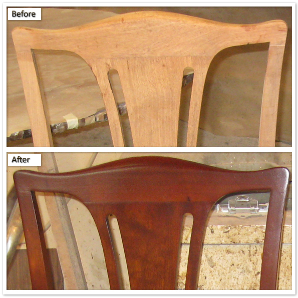 Chair back before and after a custom wood finish