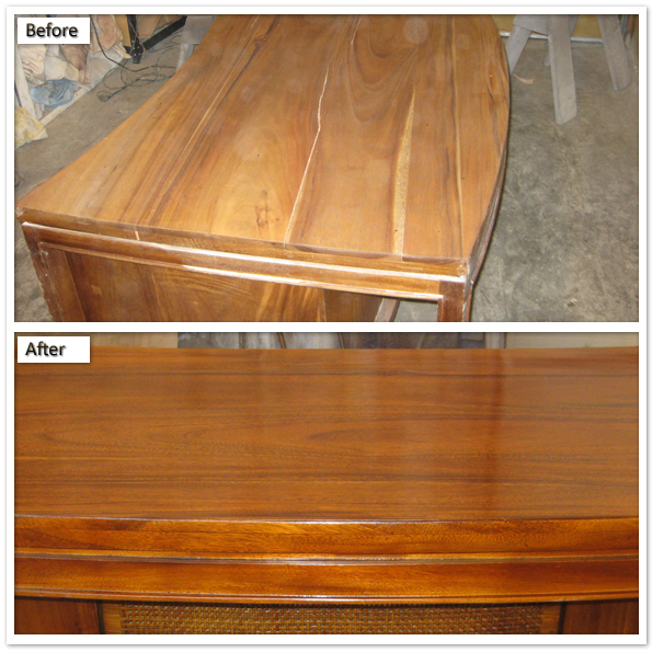 Curved wooden desk before and after refinishing