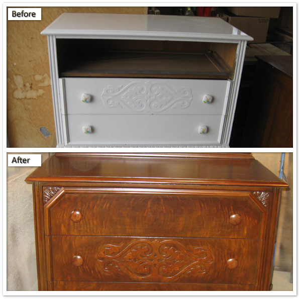 Painted dresser before restoration and the carved wood dresser after refinishing