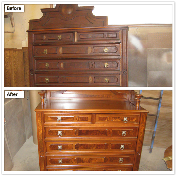 Before and after restoration of a tall antique dresser