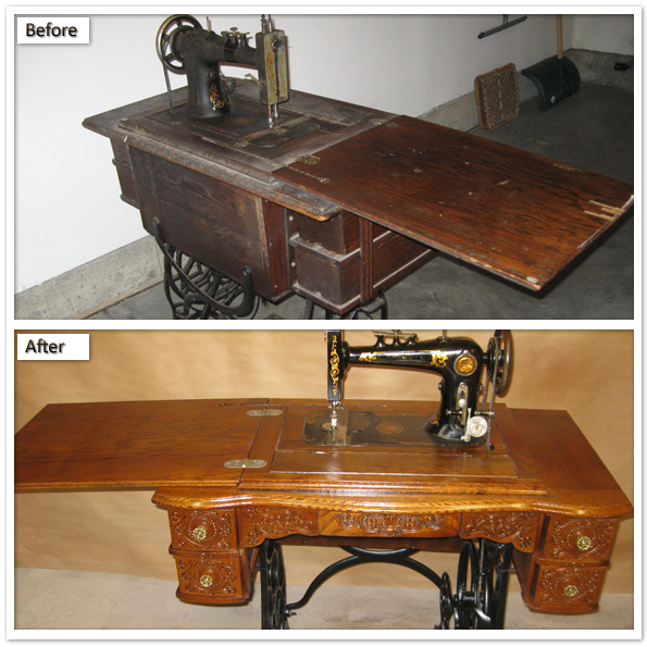 Before and after restoration of a wooden sewing machine table