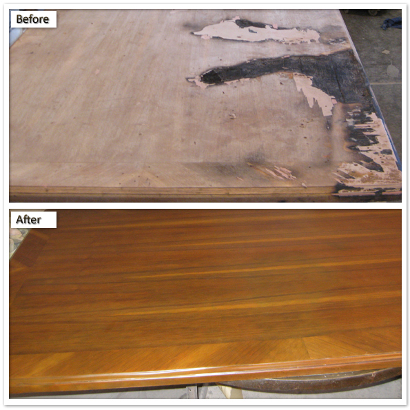 Damaged tabletop before repair and the restored wood surface after refinishing