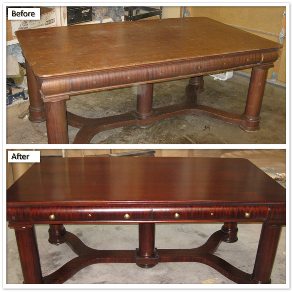Long wooden table before and after refinishing