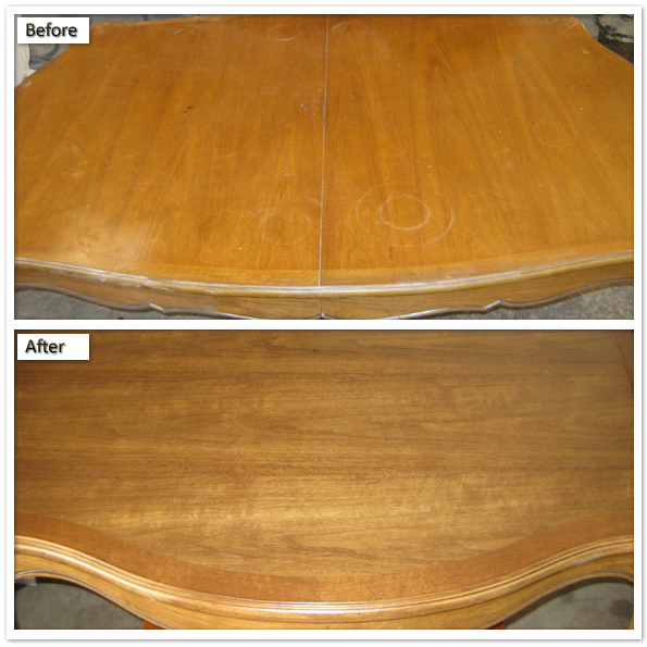 Wood table surface before and after color correction