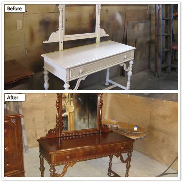 Painted vanity before stripping and the refinished wooden vanity after restoration
